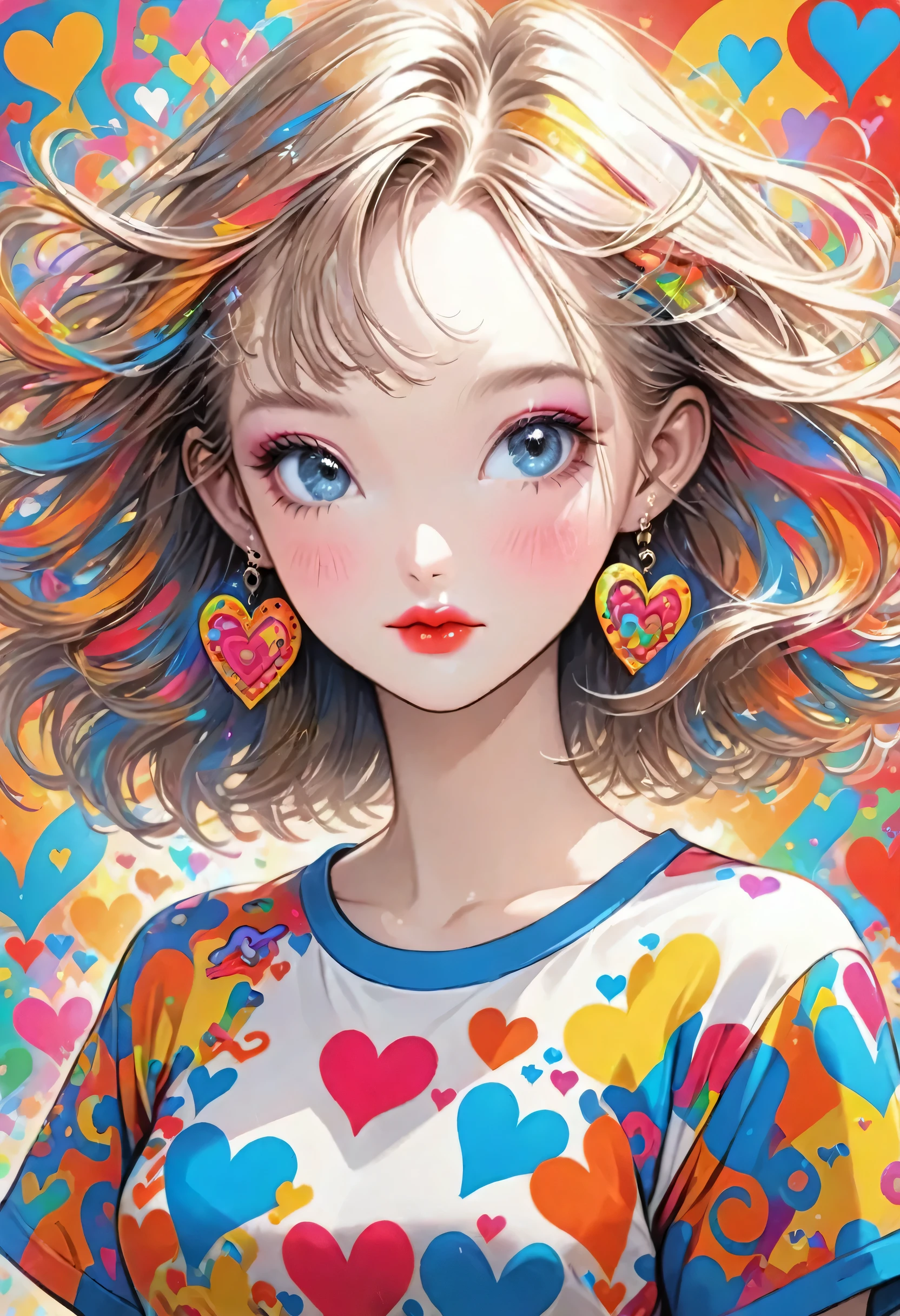Ultra-realism Keith Haring colorful style, Simple Line Initialism，Abstract art，(((The most beautiful girl of all time))), Sweet face. Lips in love, colorful hearts, stylish design, 夏のオシャレなTシャツ, 黒い瞳, walking, Paris