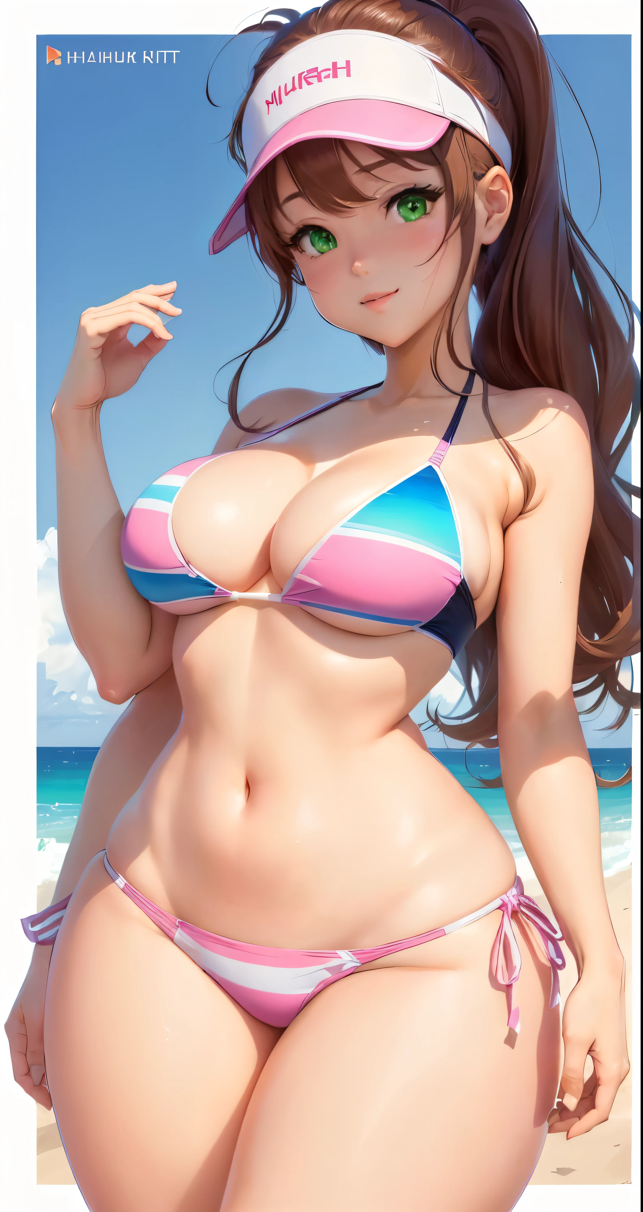 a cartoon picture of a woman in a bikini and a visor, thicc, marin kitagawa fanart, is wearing a swimsuit, swimsuit, nishimiya shouko, oppai, oc commission, brown hair and a perfect body, oppai proportions, fullbody commission for, in a bikini, cel - shaded art style, commission for high res, realistic bikini,curvy, ((same proportions)),((same face)),((green eyes))