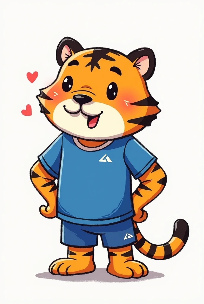 Animated cartoon drawing of a saber-toothed tiger blushing, wearing a Futsal uniform. The drawing needs to be imperfect, like it was done by hand and in a hurry, with a very simple head and not much detail. The body and head should be simpler and the uniform should be blue. Make the tiger look a bit tougher.