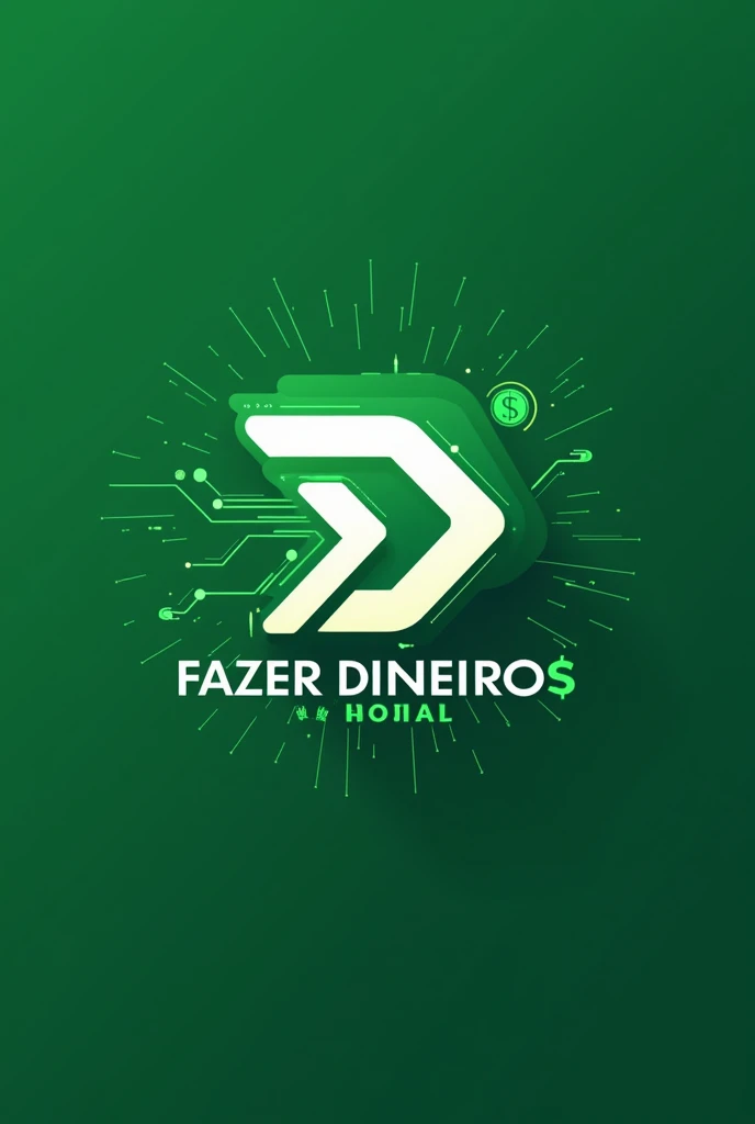 Create a futuristic logo for the YouTube channel 'Fazer Dinheiro'. The design should prominently feature a modern money symbol and integrate the channel name 'Fazer Dinheiro' into the logo. Use green and white as the colors. The style should be sleek and cutting-edge, with a tech-inspired aesthetic. The background should be minimalistic to ensure the symbol and text stand out.
