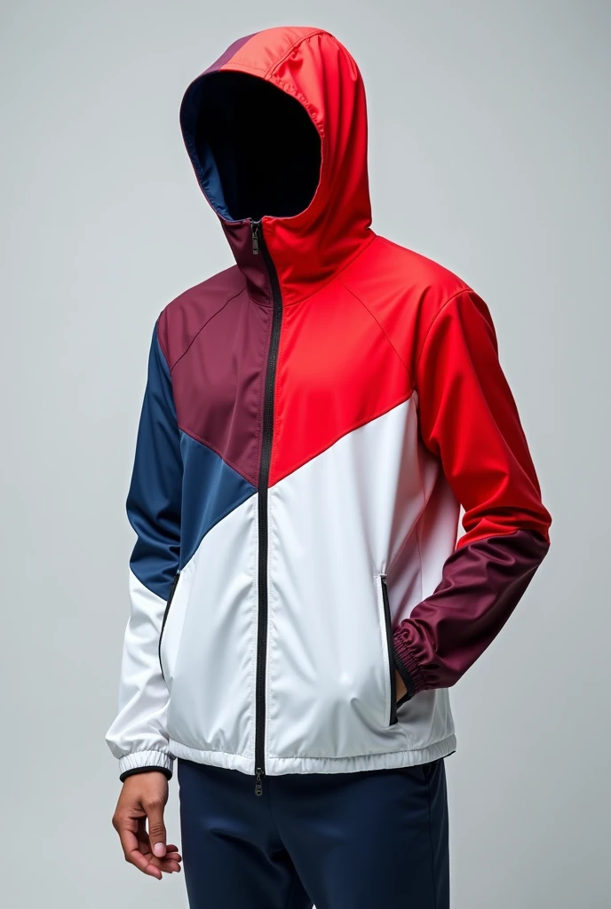A sport windbreaker on the upper chest right all the way to the arm and hand it should be red the mirror line should be a zip making the upper chest left all the way to the rleft hand red...then from the breast up until to the hip passing by the hip should be white and lastly the hood being slipt red on right and blue on left