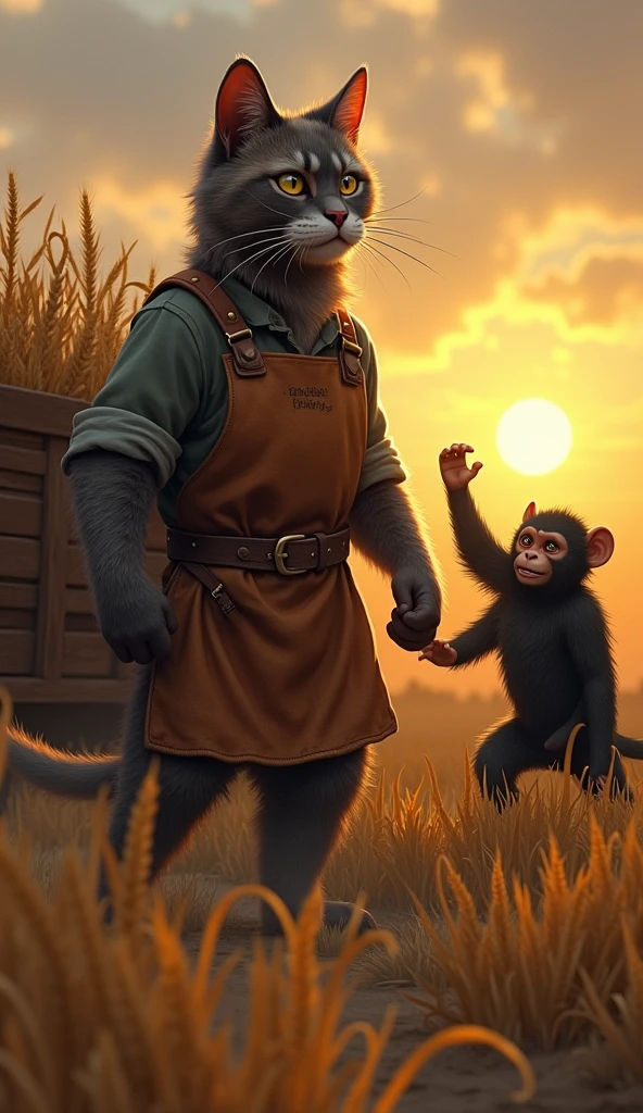 Twilight Tactics: As twilight descends, a farmer cat with a worn leather apron and a large, sturdy cart battles a black monkey that is trying to sabotage his wheat crop. The farmer cat’s tactical use of the cart and his quick thinking ensure that the monkey’s attempts are thwarted.