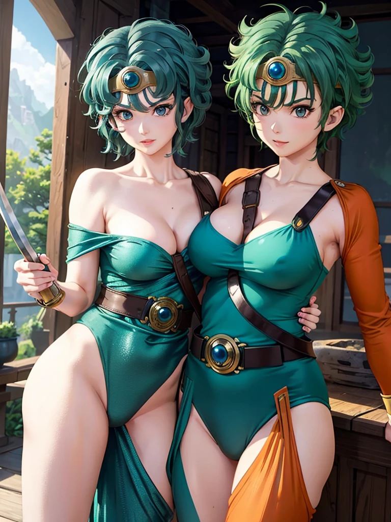 A Beautiful detailed girl with green hair in Yamato Nadeshiko style, short haircut, wearing blue leotard, off-shoulder, black pareo skirt, red cloak, circlet, wielding evil sword, fantasy Dragon Quest inspired scene , highest quality, 8K, highly detailed faces and bodies, masterpiece, high quality, photorealistic, detailed description, vibrant colors, studio lighting, physically based rendering