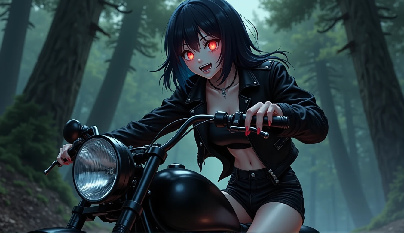 vampire anime girl with glowing red eyes,sharp teeth, wearing black jacket and shorts riding a cruiser motorcycle in a dark pine forest close up