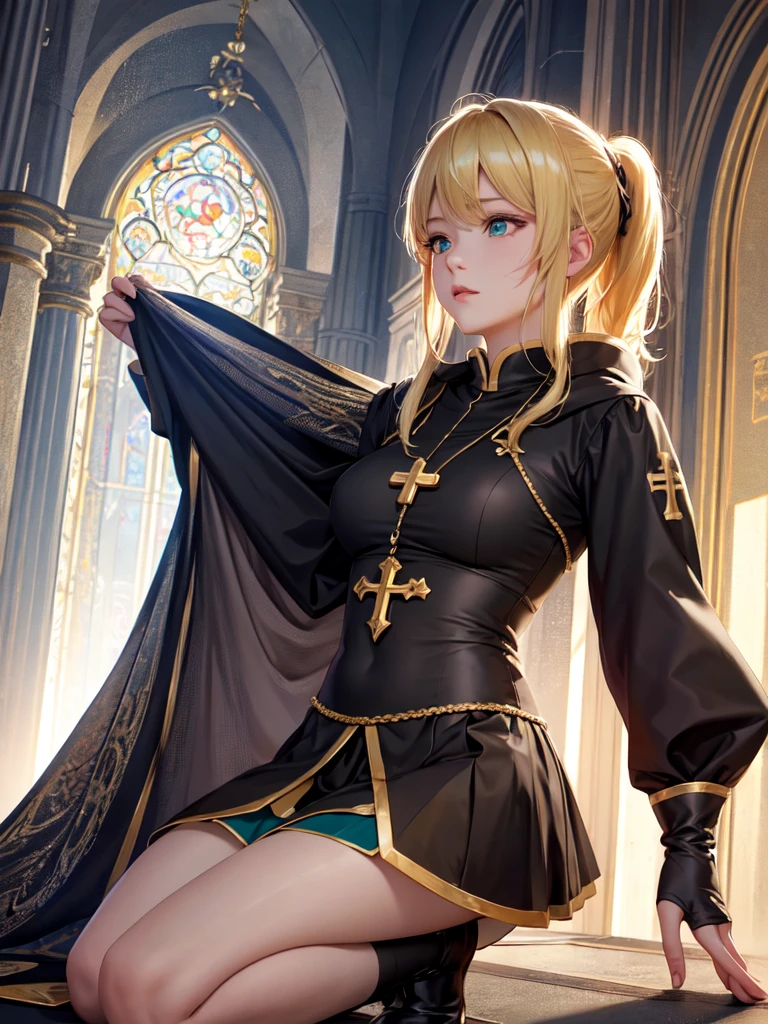 (Ultra extreme detailed),(Masterpiece),(Ultra extreme),(Realistic),CG,(color:1.2), Strong lighting,Light from behind,evaluation:Safety,A blonde person alone, 黒color,Blonde ponytail,Green Eyes,水color shrite,short_Sister Costume、、Cross pendant、Tights Knee Socks、Vestments、church、Monastic uniform、Praying posture、Wearing a hood、Kneeling