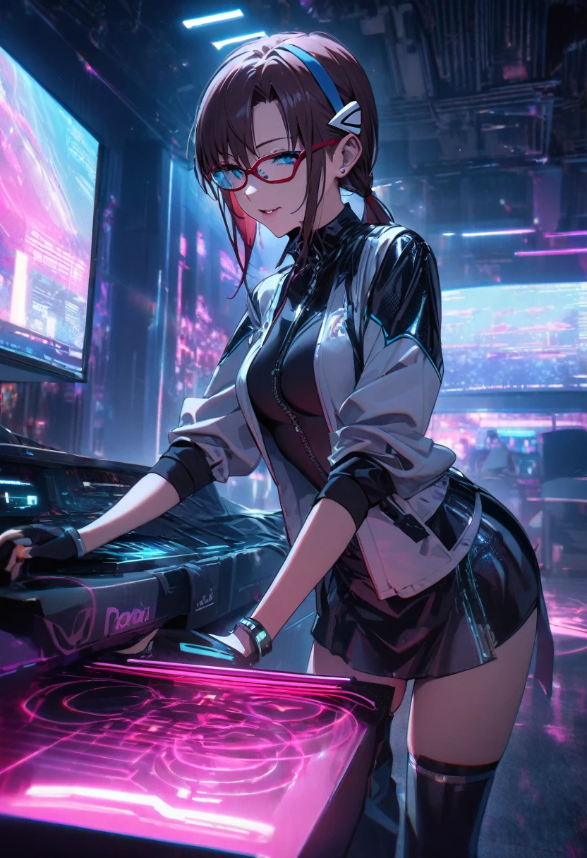 1girl, makinami mari illustrious,glasses, neon genesis evangelion, cyberpunk fashion, futuristic outfit, young adult woman, high-tech photoshoot, neon lighting, dystopian urban background, masterpiece, best quality, absurdres,detailed beautiful face,cowboy shot,
Outfit details:

Holographic bodysuit with circuit board patterns
Asymmetrical black mini-skirt with LED light trim
Clear PVC jacket with embedded flexible OLED displays,in the process of being removed, comfortable hotel robe visible

Accessories:

Metallic arm bands with touch-sensitive controls
Thigh-high boots with built-in holographic displays
Fingerless gloves with exposed circuitry
Multiple ear cuffs with blinking LED lights

Makeup:

Metallic eyeshadow in silver and electric blue
Holographic lip gloss

Background: Modern nightclub interior, pulsating dance floor with interactive light patterns, holographic DJ booth, laser light show, fog machines creating atmospheric haze

Background: Futuristic hotel room, large smart window with city view and customizable opacity, minimalist furniture with integrated technology, ambient lighting system adapting to mood

Pose: Sitting on the edge of a high-tech bed, in the process of removing boots, relaxed expression, slightly disheveled hair

Additional elements: Holographic room control panel floating near the bed, automated minibar drone approaching with a water bottle, clothes decluttering system activating to store outfit, personalized welcome message displayed on wall screen

Lighting: Soft, warm ambient lighting gradually dimming to a restful level, subtle blue glow from electronic devices

Atmosphere: Tranquil and comfortable, transition from night out to personal relaxation, blend of luxury and advanced technology