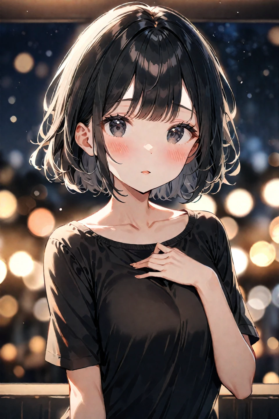 1girl, solo, looking at viewer, blush, short hair, bangs, shirt, black hair, collarbone, upper body, parted lips, hand up, blurry, black eyes, black shirt, night, depth of field, blurry background, letterboxed, hand on own chest, bokeh --style 1 --preset 3, ((medium quality)), ((medium quality))