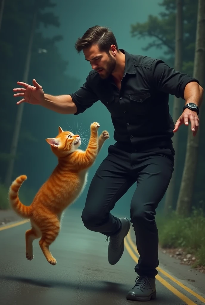 Ek ginger kitten ek handsome man jisne black shirt and pent pehni h us par hamla kr diya panjo se ye seen rat ka h road side h