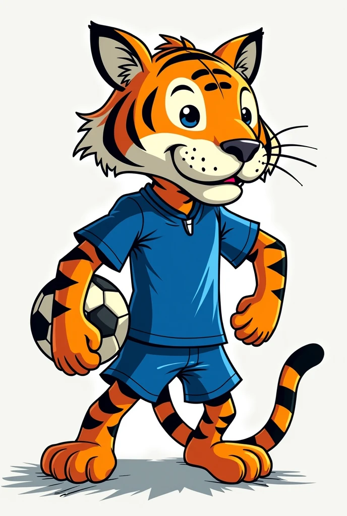 Animated cartoon drawing of a saber-toothed tiger in a Futsal uniform. The drawing has to be not perfect as it is done by hand and the running with a very simple head without much detail. The body and head should be simpler and the uniform should be blue so that the tiger is a little more aggressive.