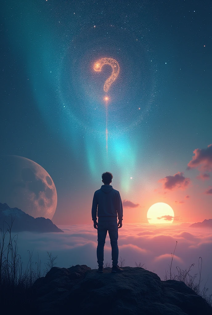 A person, from back view,surrounded by the universe, twilight, sparks, stars, moon,aurora borealis effect, 4k visual effect, inquiring, about himself, grace , silent, interrogation point, on his head, visual effect 3d