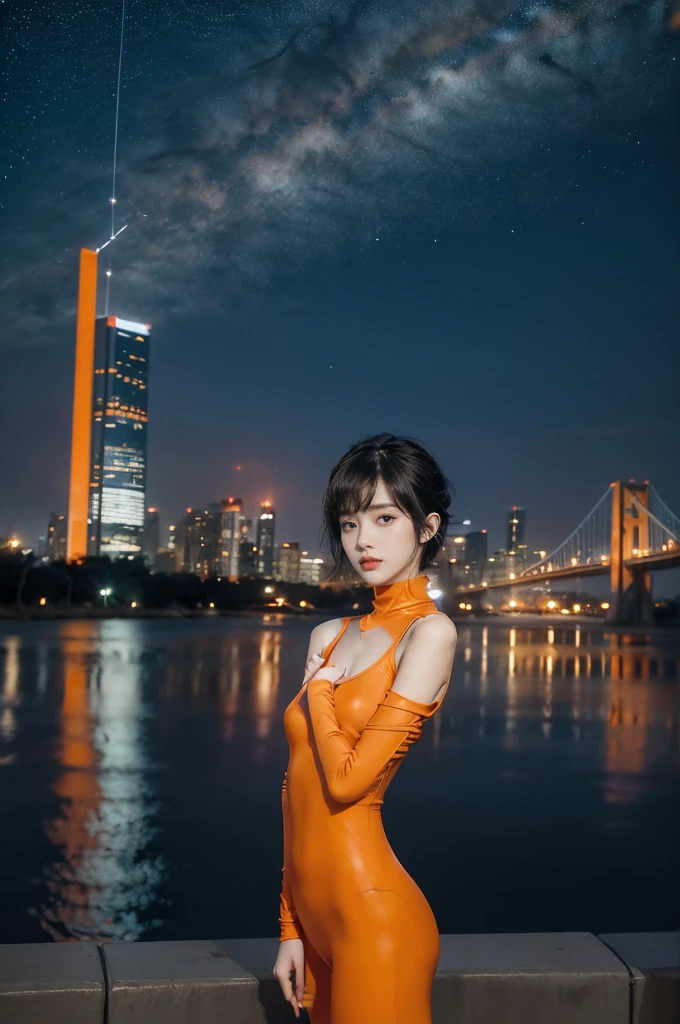 (((best quality))),(((ultra detailed))),(((masterpiece))),illustration,((1girl,Ai Kisugi,solo)),((slim,thin)),(big breasts:1.3),(tomboy short hair:1.2),(bangs:1.3),(orange full-body tight-fitting unitard:1.3),(red ribbon around waist:1.3),(standing:1.3),(On the roof of skyscraper:1.3),(city view:1.2),(night scene:1.3),elegant,confident,athletic,curves,(slender legs:1.2),waist,concrete,glass,buildings,starry sky,natural beauty,captivating,thought-provoking,((from front,upper body))