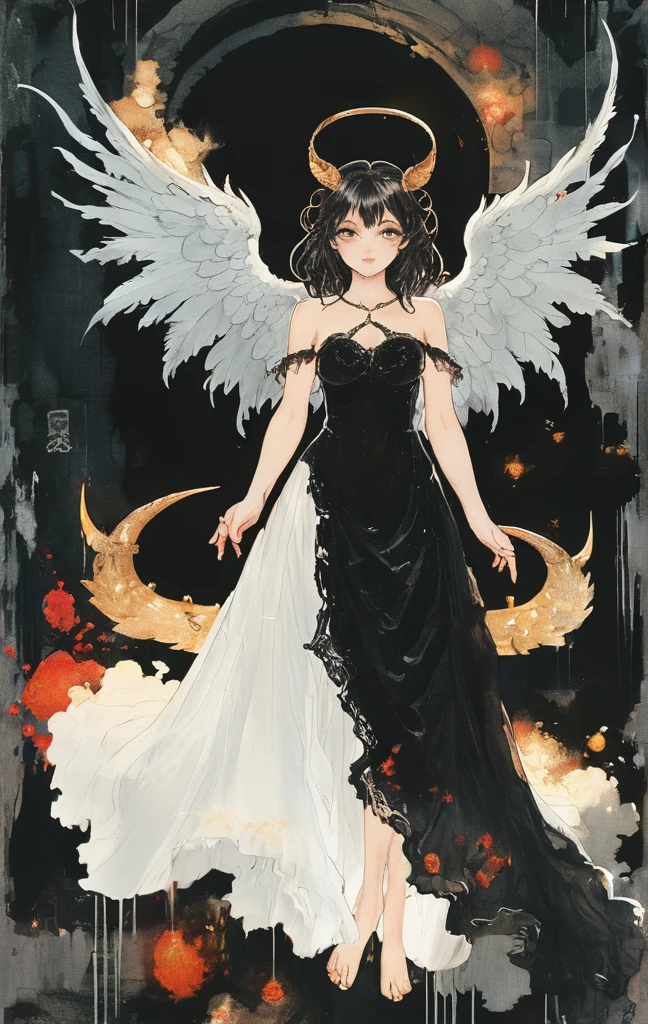 Please generate an anime-style illustration of an angel and a devil divided vertically into two. On the left is a cute angel girl. The angel girl is wearing a white dress. Big white wings grow from the back of the angel girl. Angel girl is smiling. A golden angel ring floats above the angel girl's head. On the right is a beautiful demon girl. The devil girl is wearing a black dress. The devil girl has two horns on her head. A black devil ring is floating above the devil girl's head. The devil girl has a devil's tail. Large black wings grow from the back of the demon girl. The devil girl is cute and angry. Please make it look like the key visual of the anime.