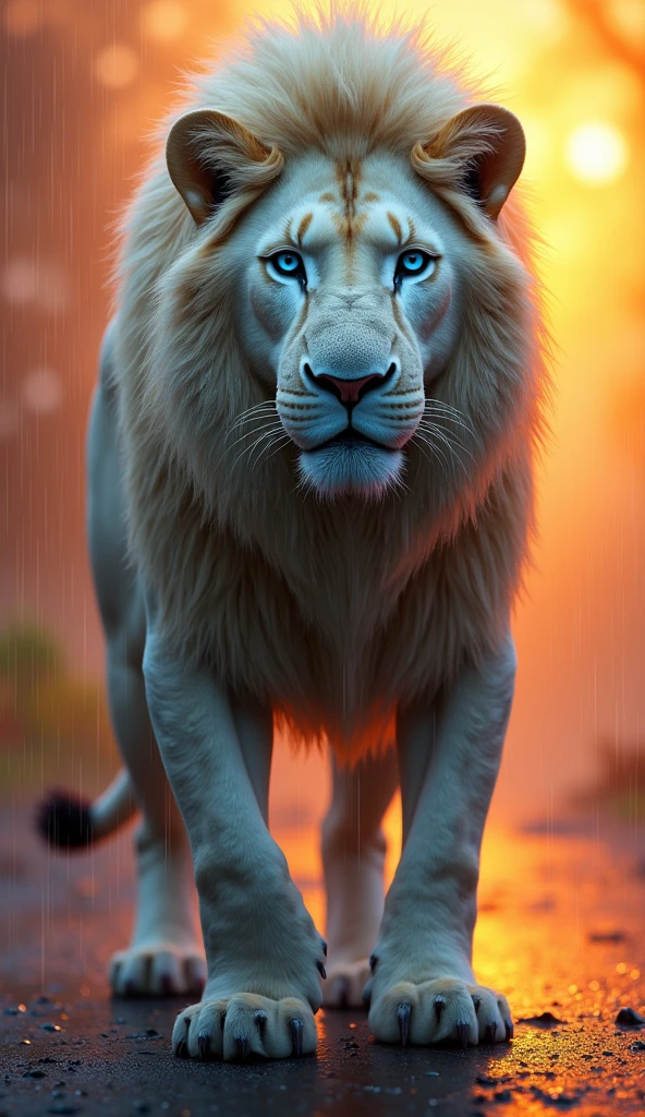 Create an albino Lion with blue eyes and scars in the rain in 8k high resolution super realistic, and with lots of color at the sunrise the Sun focus on the Lion's face