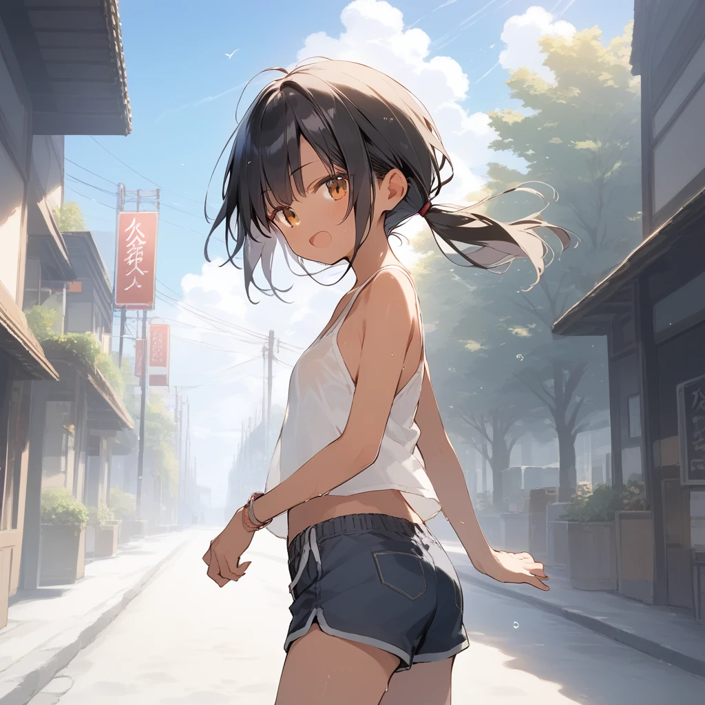 score_9, score_8_up, score_7_up, source_anime, best quality, masterpiece, official art, absurdres, highres, ultra-detailed,waifu2x,Collection: Slice of Life,break,1girl, tomboy, dark-skinned female, short hair, low ponytail, small breasts, groin, beautiful detailed eyes, shorts, sweat, open mouth, (yawn:0.3), sleepily, outdoors, wind,break,(clear line illustration:1.2), super detailed skin,very high resolution, very aesthetic, Best sexual lighting powered by famous artist, 8k, 16k, cute picture,beauty illustration,photoshop_(medium),,(Detailed Lighting),best anime 8k konachan wallpaper, pixiv contest winner, 