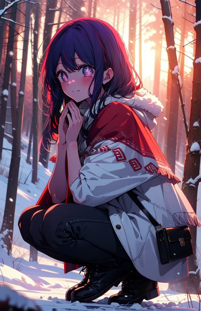 aihoshino, Ai Hoshino, Long Hair, bangs, (Purple eyes:1.1), Purple Hair, (Symbol-shaped pupil:1.5), smile,,smile,blush,white breath,
Open your mouth,snow,Ground bonfire, Outdoor, boots, snowing, From the side, wood, suitcase, Cape, Blurred, , forest, White handbag, nature, Squat, Mouth closed, Cape, winter, Written boundary depth, Black shoes, red Cape break looking at viewer, Upper Body, whole body, break Outdoor, forest, nature, break (masterpiece:1.2), Highest quality, High resolution, unity 8k wallpaper, (shape:0.8), (Beautiful and beautiful eyes:1.6), Highly detailed face, Perfect lighting, Highly detailed CG, (Perfect hands, Perfect Anatomy),