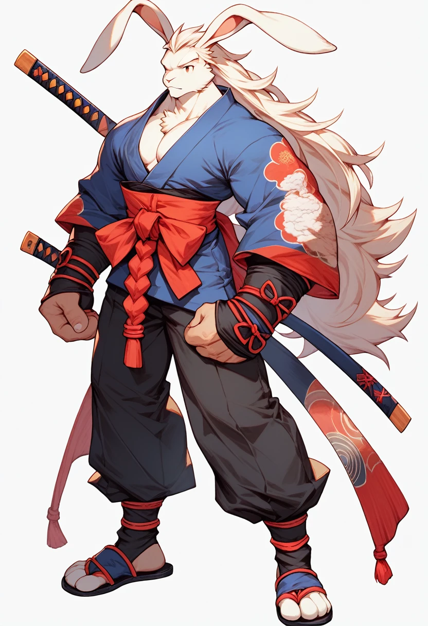 a anthropomorphic furry white rabbit buff,muscular man wearing a ronin suit ,miyamoto usagi,usagi yojimbo,thick,long ear,long hair,bunny,blue kimono,black pants,90’s style. He’sandrogynous,equipped with some weapons and a sensual , cool expression,full body.The scene has a cool,sweet,sexual,samurai style and a vibrant tone.Feodal setting in the background
