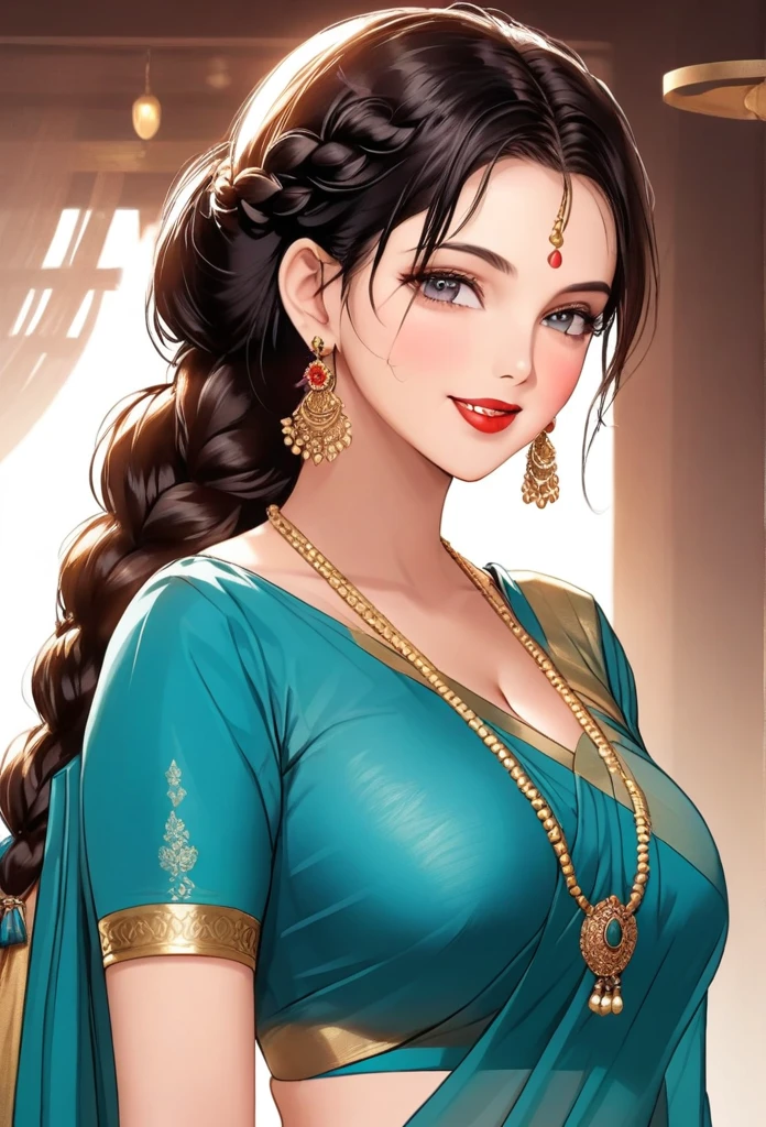 ((1woman, mature,single hair braid,saree, big long  jhumka earrings , detailed alluring eyes, smooth detailed lips, beautiful face, smiling ,red lipstick ,navel,bangles,blue ribbon, sagging breasts 