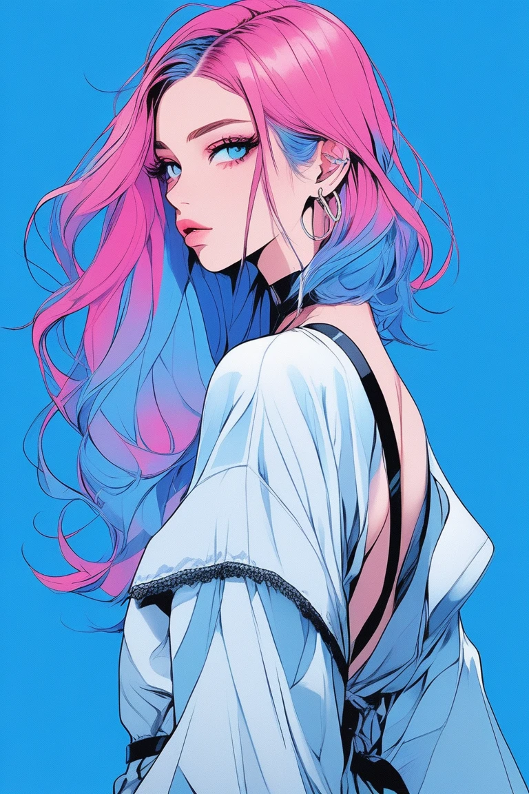 Illustrator, anime , Realistic ,sketch , 1 person, model, 20-year-old, lip, A revealing wrap dress, order, Blue gradient background, Neon Hair, look back, Sexy look, Texture Trim, Canadian, (masterpiece,Highest quality) Cancer
