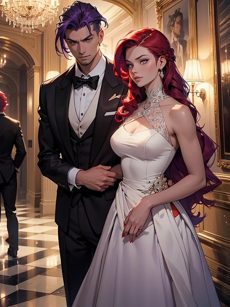 a man and a woman standing in a luxurious hall, the woman wearing an elegant ballgown dress with long purple hair styled beautifully flowing down her shoulders and waist, the man in a tuxedo with slicked back red hair, formal mafia party scene, the woman standing next to the man as he protects her, detailed face and eyes, photorealistic, cinematic lighting, dramatic atmosphere, vibrant colors, intricate details, high fashion, chiaroscuro lighting, moody, elegant, sophisticated, cinematic composition, award-winning photography, masterpiece, best quality, 8k, hyperrealistic, photorealism, physically-based rendering, extremely detailed, studio lighting. A girl stands next to a guy. He puts his arm around her waist, his face is gloomy. There are many people around. Young girl with boy.. *HER PURPLE HAIR* Red haired guy, guy with red hair, his RED HAIR.."RED-GELLED-HAIR GUY"
The girl is in a beautiful Cocktail dress, it is elegant.