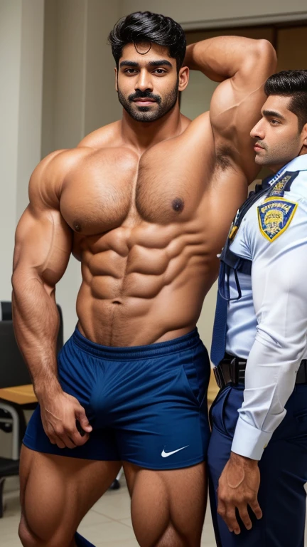 Handsome young boy indian Raj in school uniform masculine strong bodybuilder boy with huge wide muscular shoulders, wide chest, abs, masculine wide triceps, arms, biceps, big masculine legs, wide thighs, calfs, black-haired, hair falls on your face, Mesmerizing brown eyes doing k8ssing with police officer Arjun Khanna