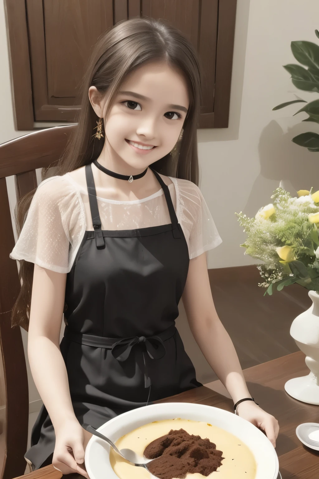 1 south euoropean girl, solo, sitting, table, spoon, pudding,, masterpiece, best quality,