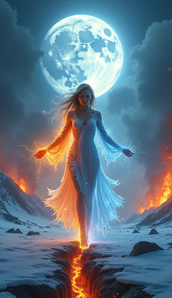 a godlike beautiful woman, whose right side is made of ice and and the left side of fire, stands on a divided landscape that corresponds to the halves of her body, on the right side an arctic landscape, on the left side volcanoes and rivers of lava, she strides towards the viewer, her arms stretched out to the sides, surrounded by magic in the sky a full moon