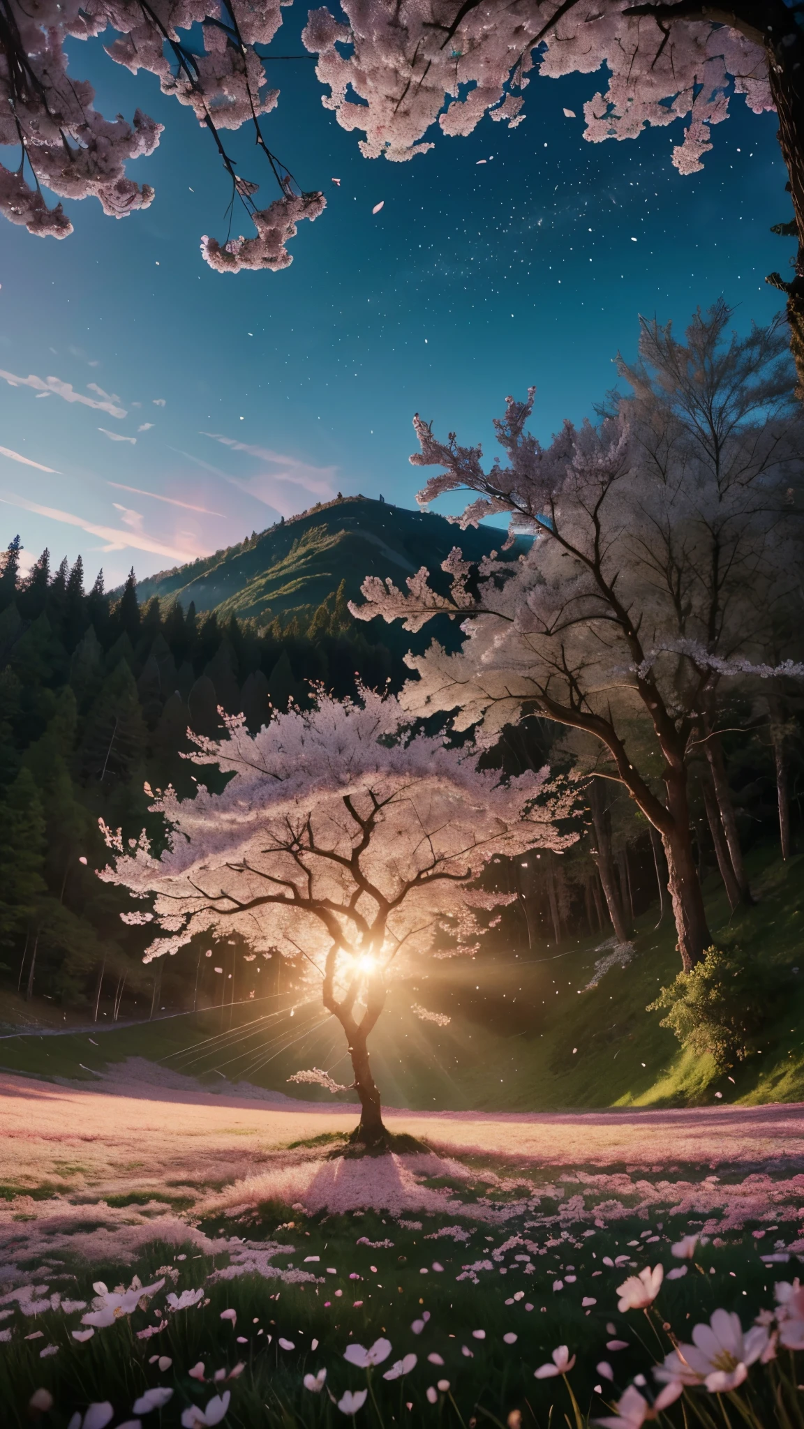 ((LOGO, AMAZING, 8K, TABLETOP, RAW PHOTO, Awesome, Top Quality, Photorealistic and Highly Detailed CG Integrated 8K Wallpaper, High Quality, Highly Detailed, Narrative Verse, Particle Effects, Dynamic Effects, Text Border Depth, Cinematic Light, Lens Flare, Ray Tracing, Tabletop, Real: 1.4, Ultra HD: 1.2, Real, Real)), Fantasy, Anatomically Correct, Wind, Beauty of Mountains and Forests and shine, the world's silence and beauty of the meadow, the vast land, the lakeside, the wonderful scenery, the beautiful natural scenery, the wind, the cherry blossoms, the cherry blossom petals are dancing, the cherry blossom blizzard, the falling petals.