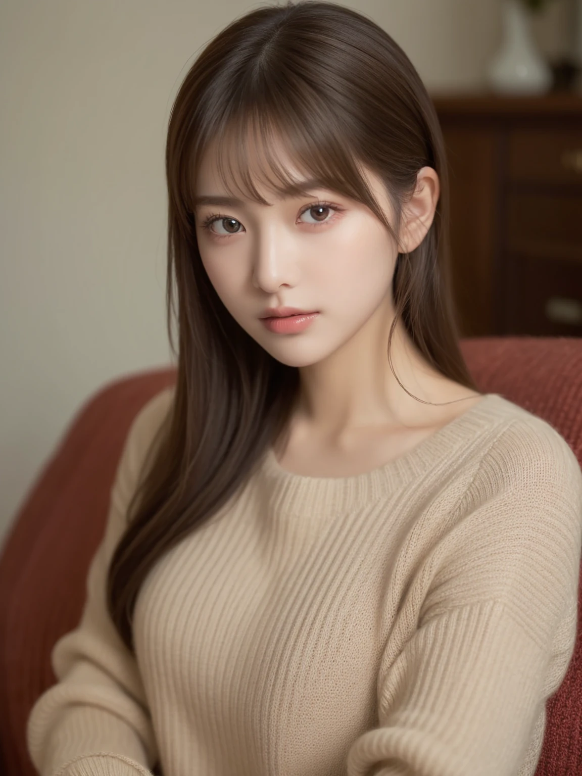 (masterpiece:1.5)、(8k)、(Photorealsitic:1.5)、Raw photography、(Top image quality:1.4)、(sharp focus:1.5)、 (PurerosFace_v1:0.5)、
top-quality、masterpiece、超A high resolution、Soft lighting、
23 years old、Slender、prety woman:1.4、serious facial expression、
In the living room where the morning sun shines、 Sitting on a cozy sofa、
she is wearing a red knitted sweater.、
light brown hair、poneyTail、Glowing hair、
Super Detail Face、A detailed eye、double eyelid、
Natural color lip、Transparent skin、