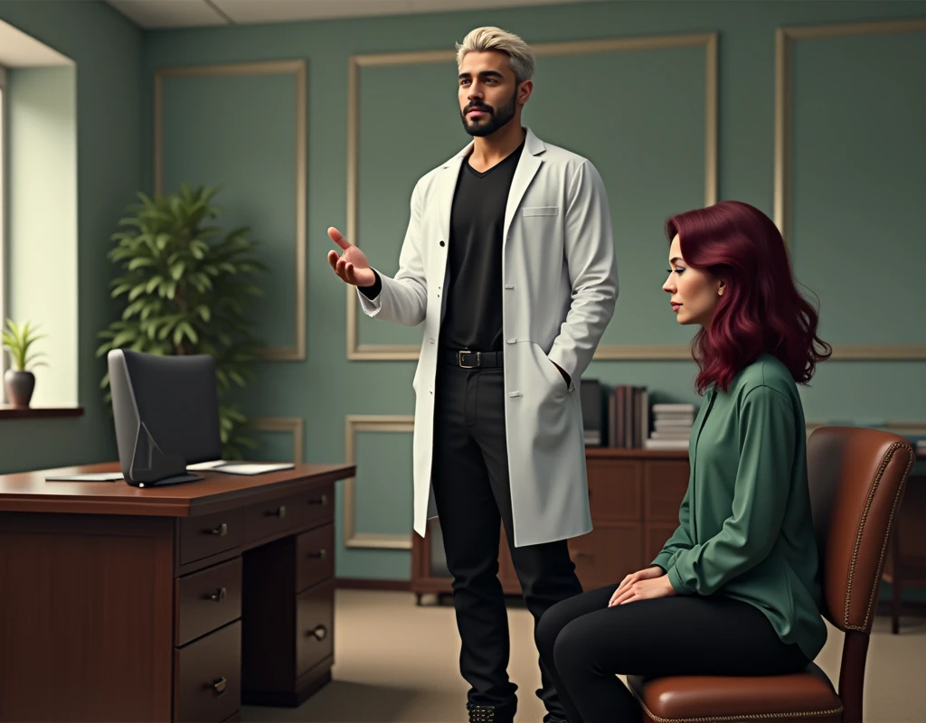 Very tall attractive young man with short platinum blond wavy swept-back hair, dark skin, long black stubble, Arabic-Egyptian features, white lab coat over a black t-shirt, black cargo pants and black boots, standing behind office desk gesturing to take a seat to a shoulder height young woman vibrant maroon side-parted medium-length wavy hair, very pale skin, soft green silk work blouse, low-rise black pants and black boots. Photorealistic, cinematic.