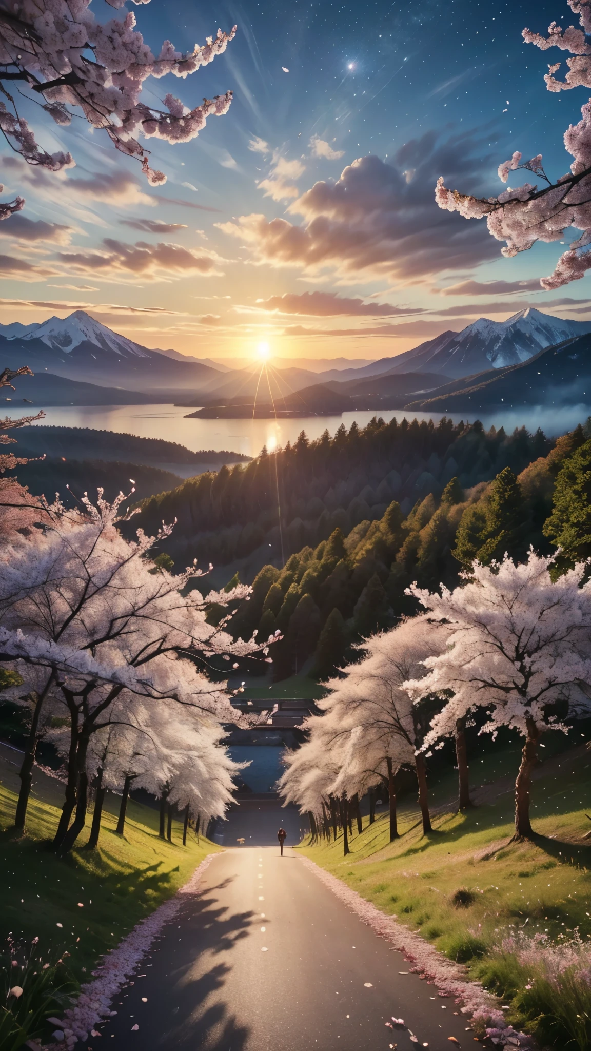 ((LOGO, AMAZING, 8K, TABLETOP, RAW PHOTO, Awesome, Top Quality, Photorealistic and Highly Detailed CG Integrated 8K Wallpaper, High Quality, Highly Detailed, Narrative Verse, Particle Effects, Dynamic Effects, Text Border Depth, Cinematic Light, Lens Flare, Ray Tracing, Tabletop, Real: 1.4, Ultra HD: 1.2, Real, Real)), Fantasy, Anatomically Correct, Wind, Beauty of Mountains and Forests and shine, the world's silence and beauty of the meadow, the vast land, the lakeside, the wonderful scenery, the beautiful natural scenery, the wind, the cherry blossoms, the cherry blossom petals are dancing, the cherry blossom blizzard, the falling petals.