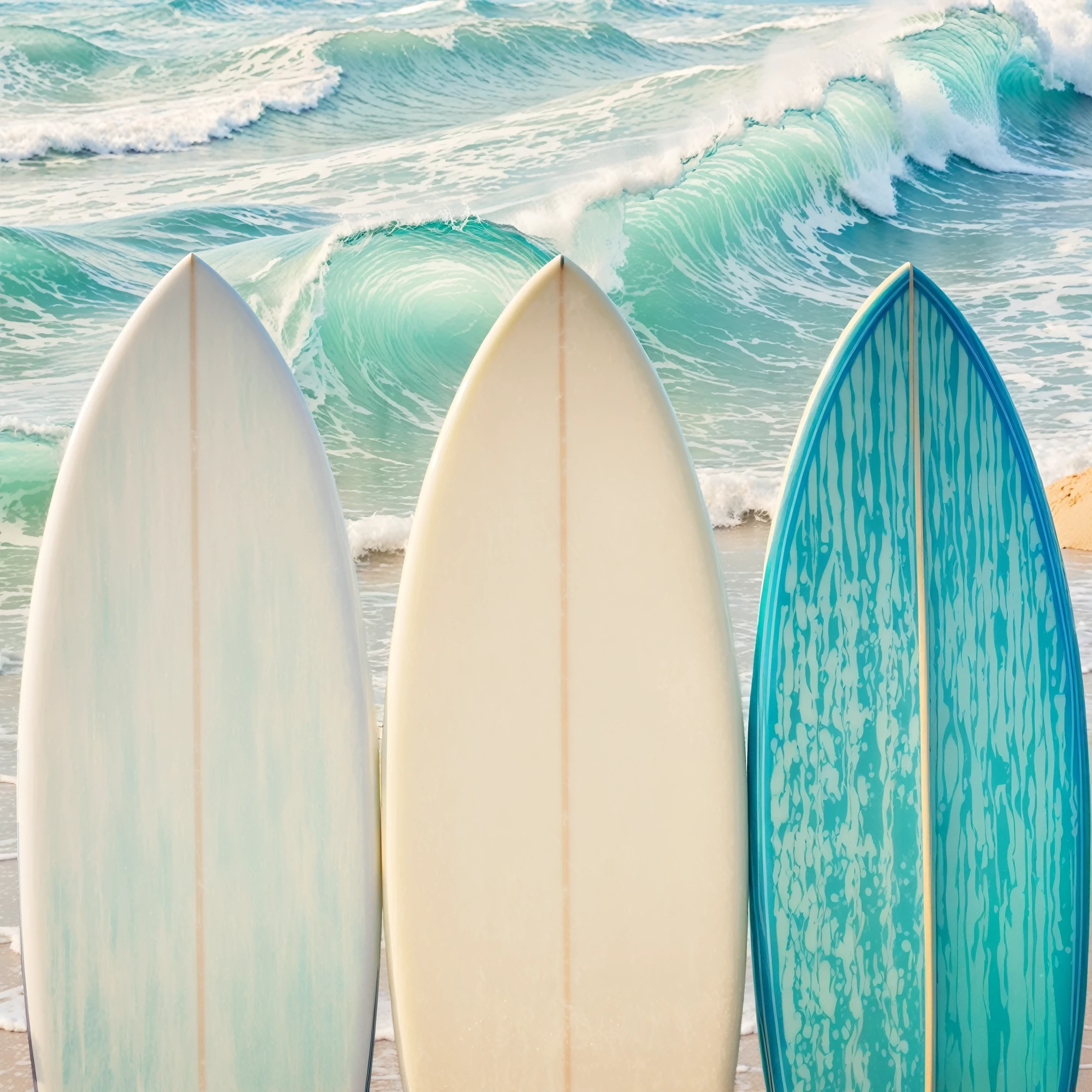 three surfboards are lined up against the shore of a beach, standing on surfboards, surfing, surf photography, surf, subtle detailing, shutterstock, high quality wallpaper, lined up horizontally, crisp clean shapes, texture, ride the wind and waves, best on adobe stock, blue white colors, serene emotion, artistic interpretation, ocean swells, crisp lines