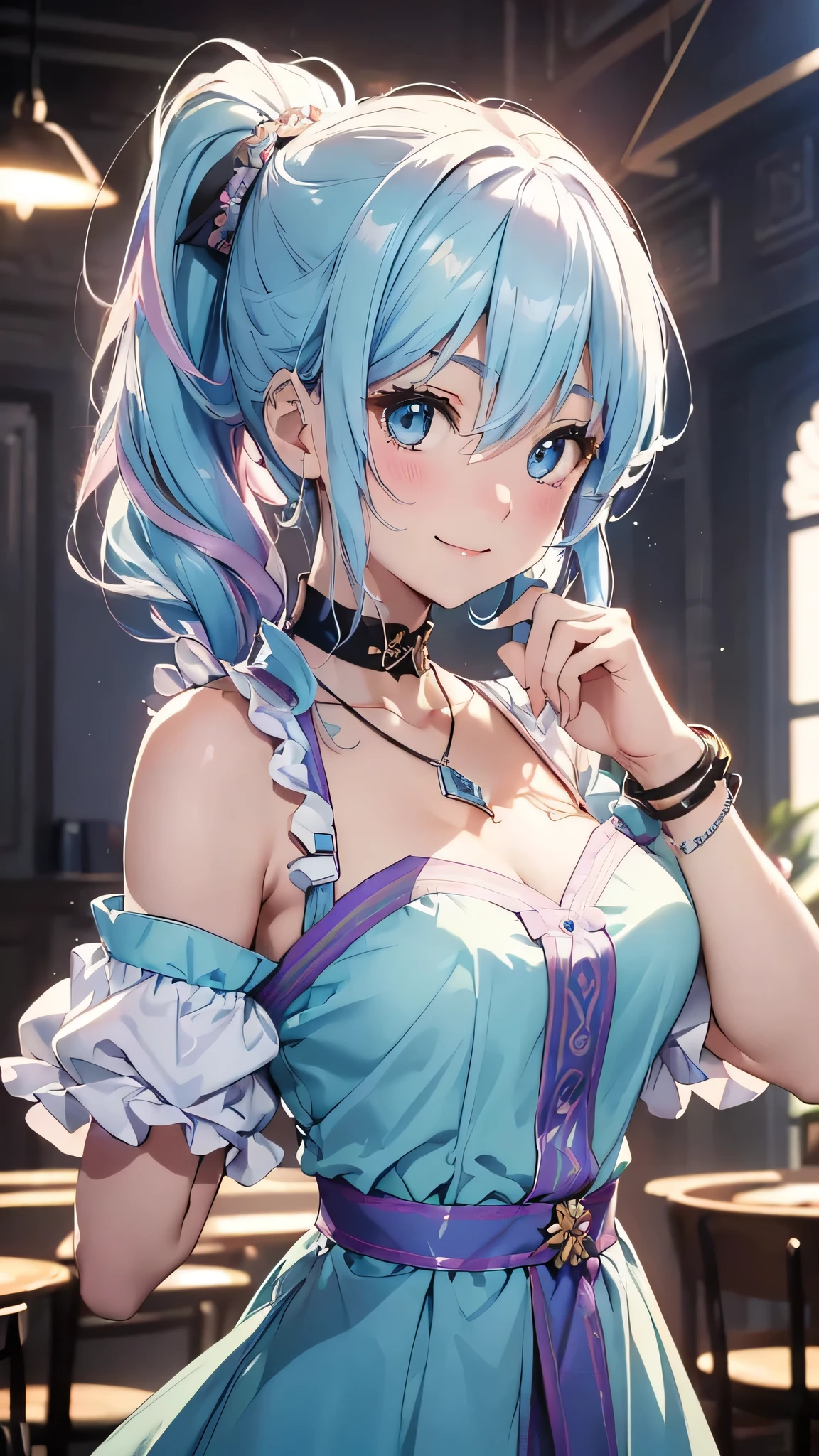 最high quality、Best image quality、masterpiece、and((cute、18-year-old、Best Bust、Medium Bust、Beautiful Blue Eyes、Spread your chest wide,Pastel Hair、ponytail、Disheveled Hair、thin、Highest Valley、Pastel Dress、smile、necklace、Wristband、))high quality、Beautiful art、background((Pastel Room、Live Performance Venues)),Tabletop、Exquisite design、Visual Arts、Written boundary depth、Best lighting、Highest detail、8k