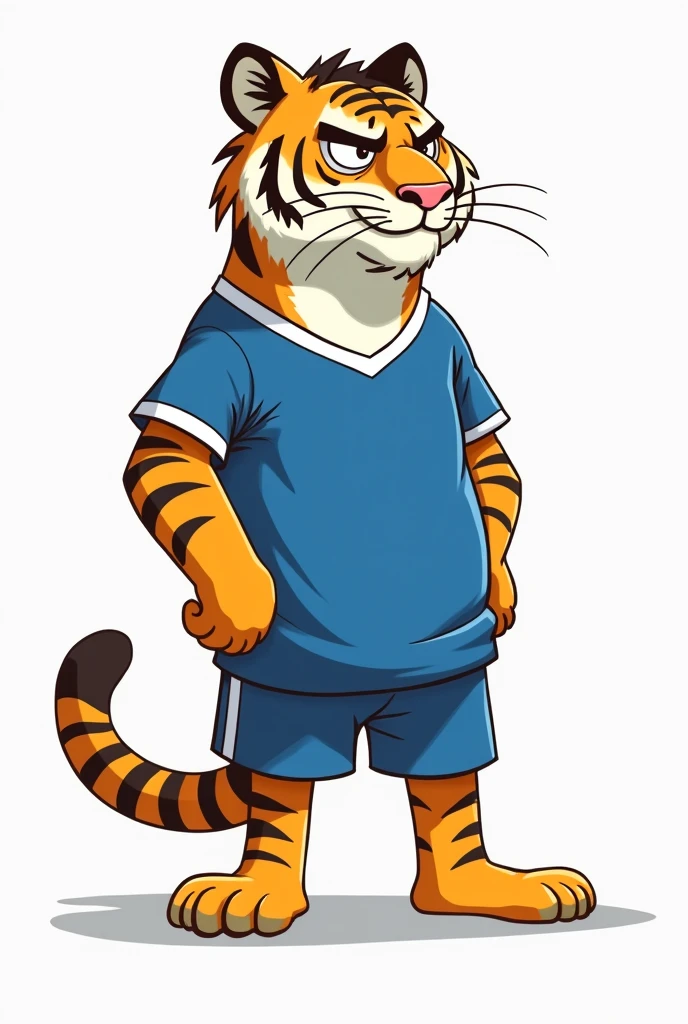 Animated caricature drawing of a saber-tooth tiger wearing a Futsal uniform. The drawing should be rough and unfinished, like a quick sketch, with a very simple head, no detail, and a simple body and head. The uniform should be blue. The tiger should be slightly aggressive. The head should have no hair details, and be more square and without too many protrusions.
