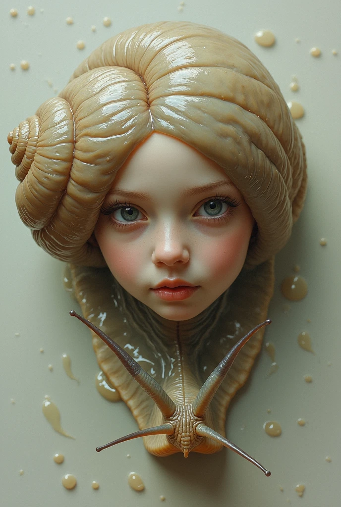 A snail's body with a girl's face, in mucus, Close-up, oil painting