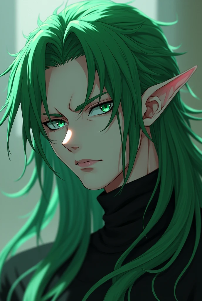 I want an image of a male character inspired by the antagonist Accelerator from the anime Toaru Majutsu no Index, with white skin, elf ears, green eyes and long hair down to the neck green.