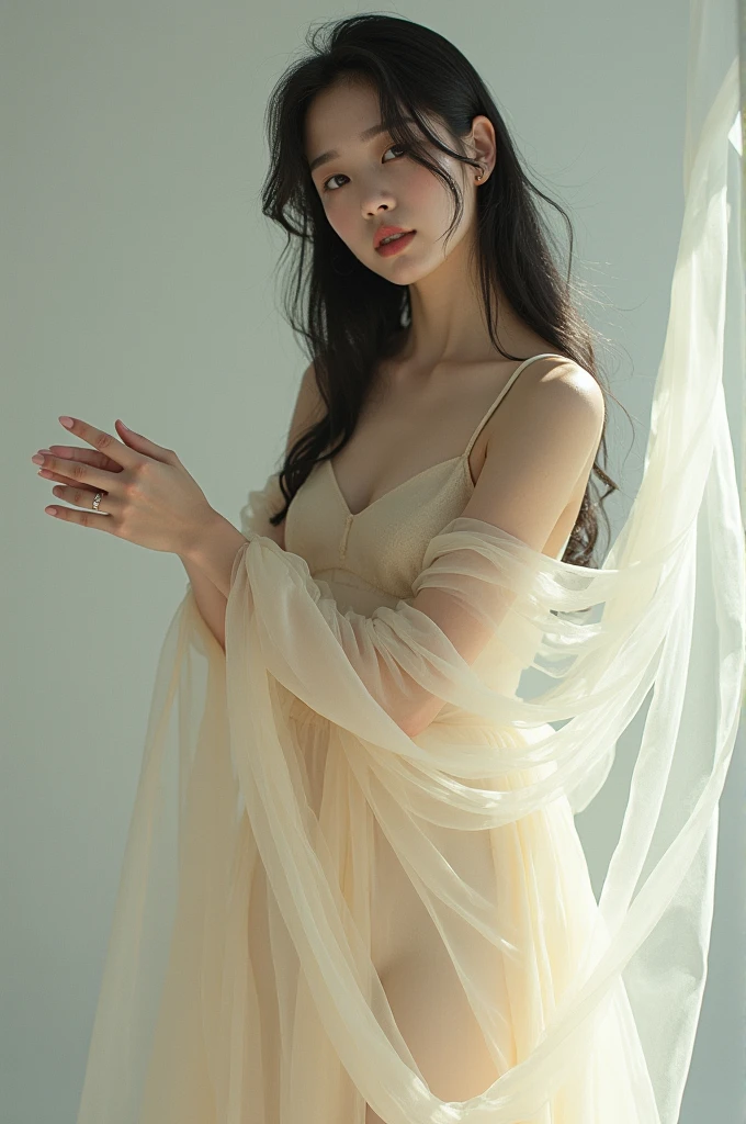 I'm taking photos for a new concept album. Create concept photos of girl groups posing with transparent, shiny silk fabrics.