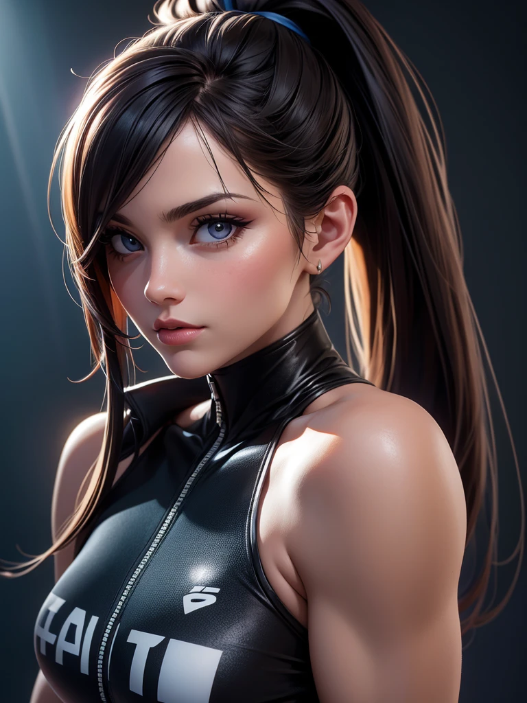 High Resolution, Female, Long Dark Brown Hair, Pony Tail, Bangs, Blue Eyes, Light Skin, Black Tang Top, Black Leggings, VR Headset