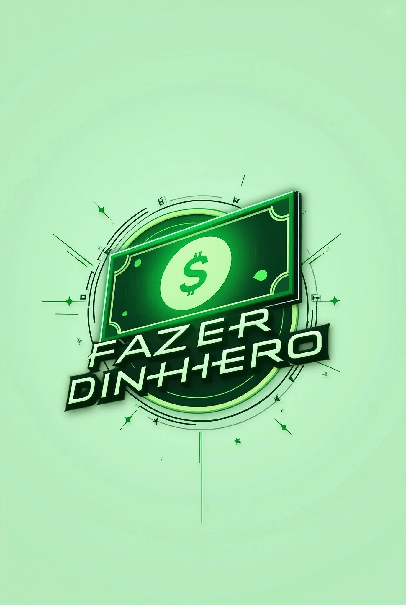 Create a futuristic logo for the YouTube channel 'Fazer Dinheiro'. The design should prominently feature a modern money symbol and integrate the channel name 'Fazer Dinheiro' into the logo. Use green and white as the colors. The style should be sleek and cutting-edge, with a tech-inspired aesthetic. The background should be minimalistic to ensure the symbol and text stand out.