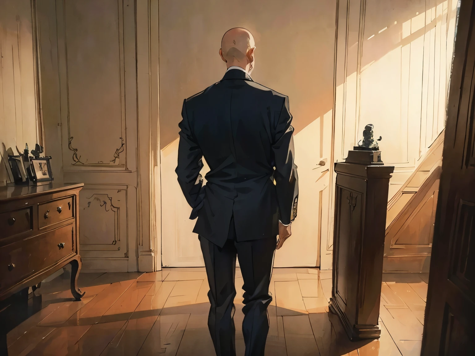 Silhouette figure of an elderly man, suit, back view, bald, thin hair, composition showing the whole body, angle from a distance, standing in the center of the room, top quality, masterpiece, inside a white palace