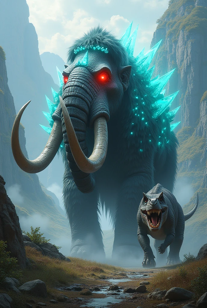 A Mammoth with glowing red eyes wearing an ancient armor with glowing cyan crystal with it's friend Trex . And they both are exploring the world together . Suddenly, the leviathan came to rush them