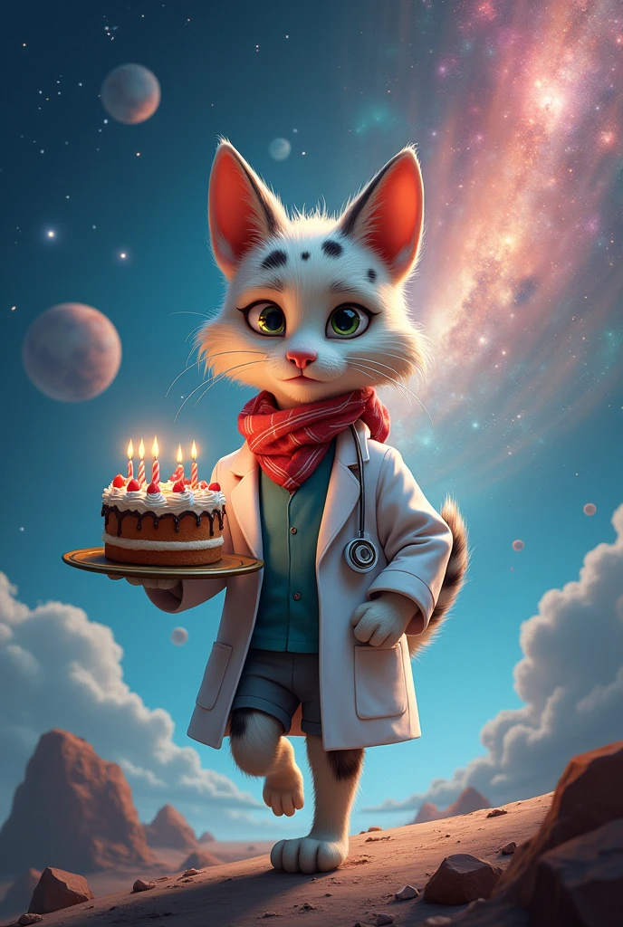 image of doctor spot traveling to the stars with birthday cake