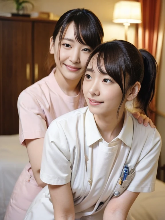 (Masterpiece, Best quality:1.3), (Ultra realistic, Photo-realistic:1.2), Natural light, 28 years old actress, Japanese beautiful 2 women, Neat and clean, (White nurse uniform:1.2), (unbutton:1.1), white sock, (Ponytail:1.2), (Beautiful faces), Oval face, clear, Beautiful eyes, Kind eyes, Clear skin, Small face, Beautiful mouth, Small mouth, Natural makeup, Approachable, Seductive smile, (Seductive pose:1.2), Beautiful thighs, Bedroom eyes, Embarrassed, Blush, Luxury hotel Suite room, On bed, (nsfw:1.1), obscene reality of girls, (lesbian couple, petting together:1.2), looking at each other, grabbing crotch, erotic hug,