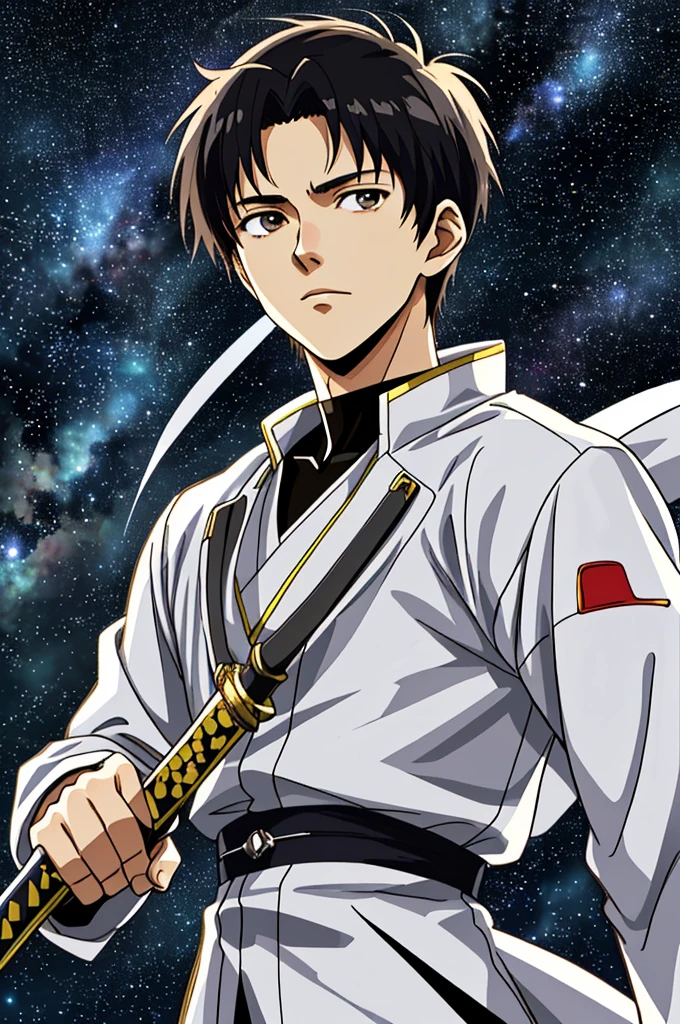 Highest quality, masterpiece, High resolution,，（Ikari Shinji），（smug face），Holding a Japanese sword in his right hand，Evangelion，（Starry Sky_background），Young Man，Anime Style, 4K, alone，whole body， looking at the camera, （white_coat）Dark Eyes，Black Hair，Short Hair，（Full Finger）, Hyper Detail, (Intricate details),