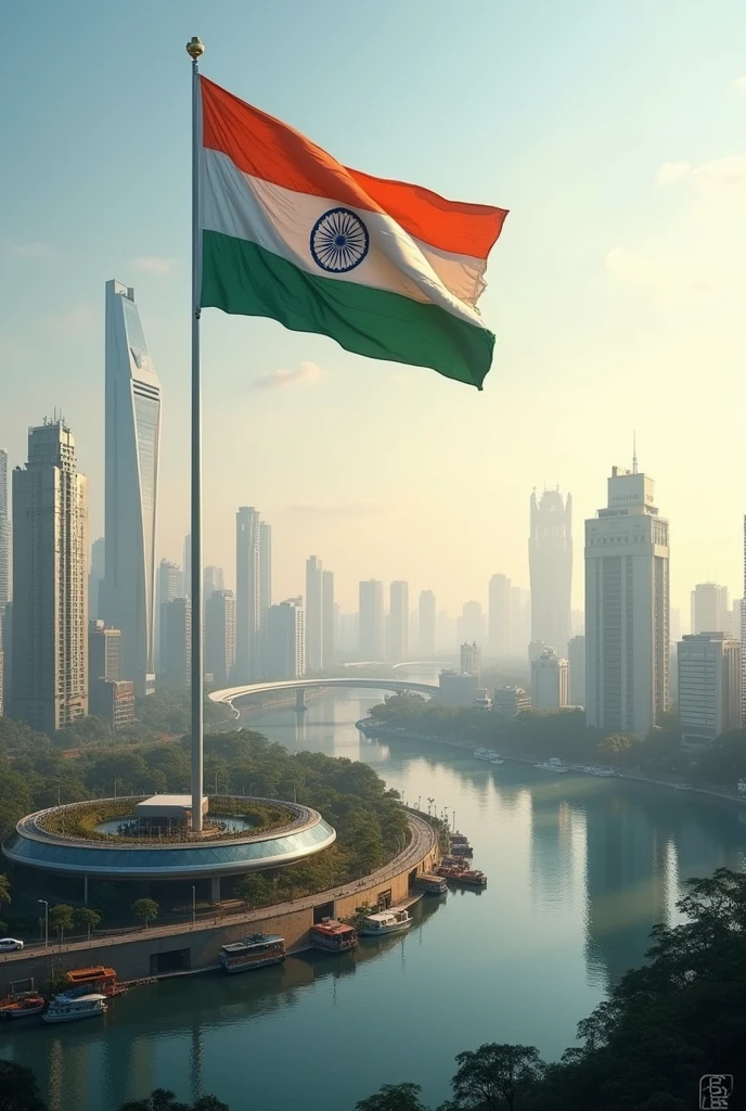 India as a developed nation 2047 with a big Indian flag inside a new unique modern Assam Guwahati city having smart tall buildings and river in between according to future plan