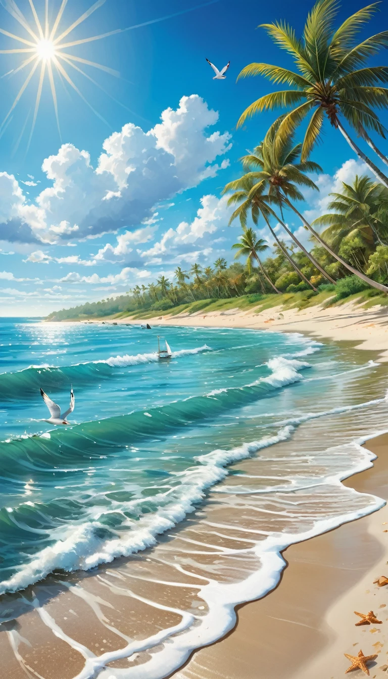 sand beach,crystal clear water,seagulls flying,gentle waves,beautiful sunny day,coastal landscape,ocean breeze,relaxing atmosphere,seashells scattered on the beach,cool shades of blue and turquoise,sparkling reflections on the water,sunlight shimmering on the waves,faraway sailboats,peaceful and serene,white fluffy clouds,seagulls gliding in the sky,sand between your toes,splashing waves,sun-kissed skin,refreshing swim in the ocean,beach umbrellas and beach chairs,lush green palm trees,horizon stretching endlessly,tranquil escape from the city,soft sand dunes,soothing sound of the waves crashing against the shore,calming and peaceful retreat,nature's beauty at its finest,secluded paradise,relaxing beach stroll,beachside picnics with loved ones.