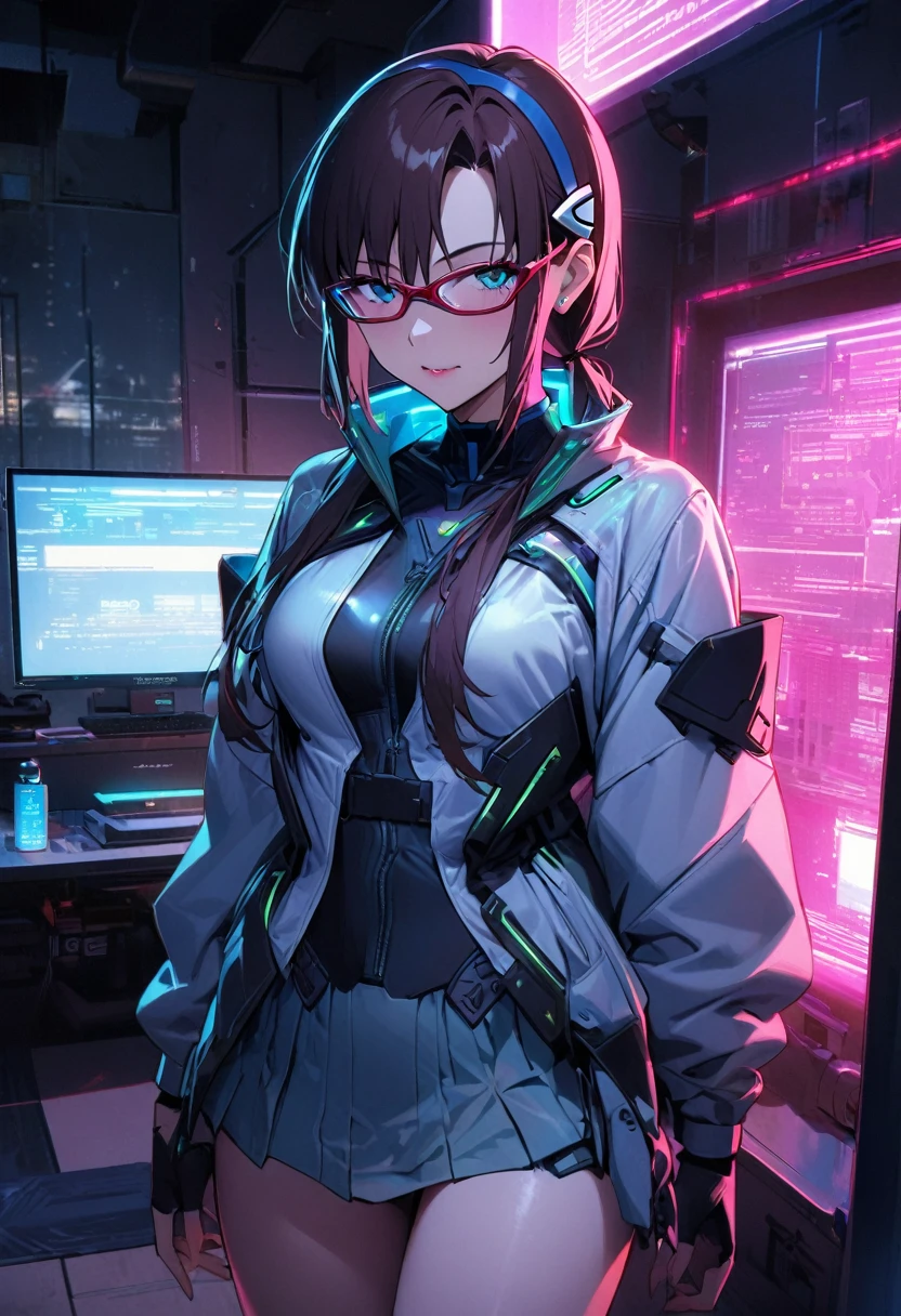 1girl, makinami mari illustrious,glasses, neon genesis evangelion, cyberpunk fashion, futuristic outfit, young adult woman, high-tech photoshoot, neon lighting, dystopian urban background, masterpiece, best quality, absurdres,detailed beautiful face,cowboy shot,angle from above,
Outfit details:
Holographic bodysuit with circuit board patterns
Asymmetrical black mini-skirt with LED light trim
Clear PVC jacket with embedded flexible OLED displays,in the process of being removed, comfortable hotel robe visible
Accessories:
Metallic arm bands with touch-sensitive controls
Thigh-high boots with built-in holographic displays
Fingerless gloves with exposed circuitry
Multiple ear cuffs with blinking LED lights
Makeup:
Metallic eyeshadow in silver and electric blue
Holographic lip gloss
Pose: lying on the high-tech bed:1.3, in the process of removing boots, relaxed expression, slightly disheveled hair
Lighting: Soft, warm ambient lighting gradually dimming to a restful level, subtle blue glow from electronic devices
Atmosphere: Tranquil and comfortable, transition from night out to personal relaxation, blend of luxury and advanced technology