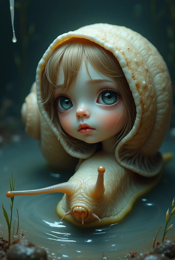 snail with a girl's face in slime, Close-up, pastel dark shades, interesting uncluttered composition, oil painting