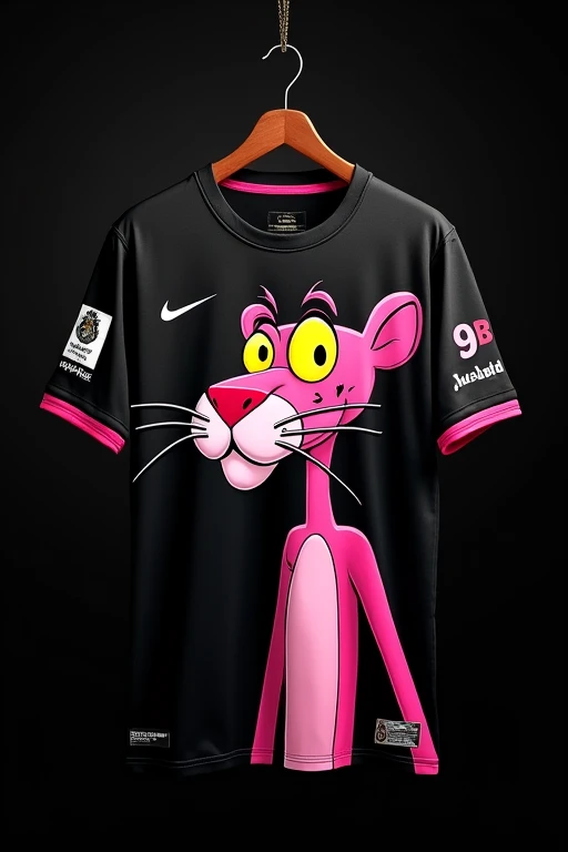 Make a football shirt with a full-color, very detailed pink panther television cartoon, With a serious face on a black background, Nike symbol on the left side, with pink details, hanging on a hanger, the details on the shirt are with pink and black details and on the right side it says 9B
