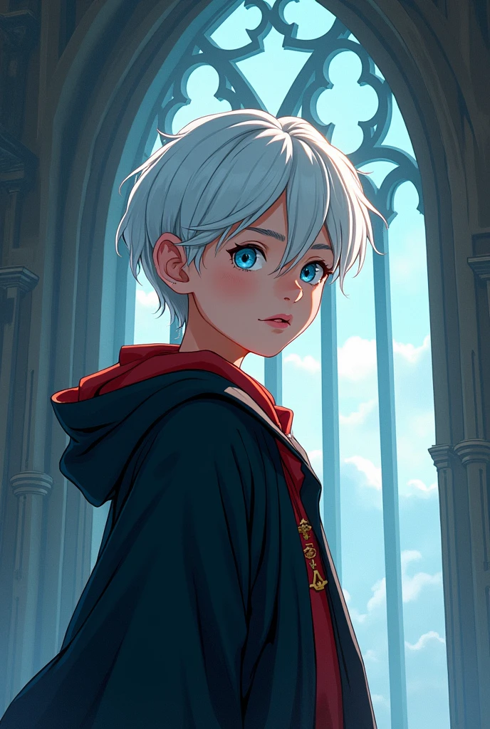 He has cool white hair, One side of his hair is swept back, Blue Eyes, Wearing a Gryffindor robe, Standing in the Hogwarts hall, The sky is old now, White light shines in.  The boy's bright face, Manhwa art style, 3:Ratio Committee 4