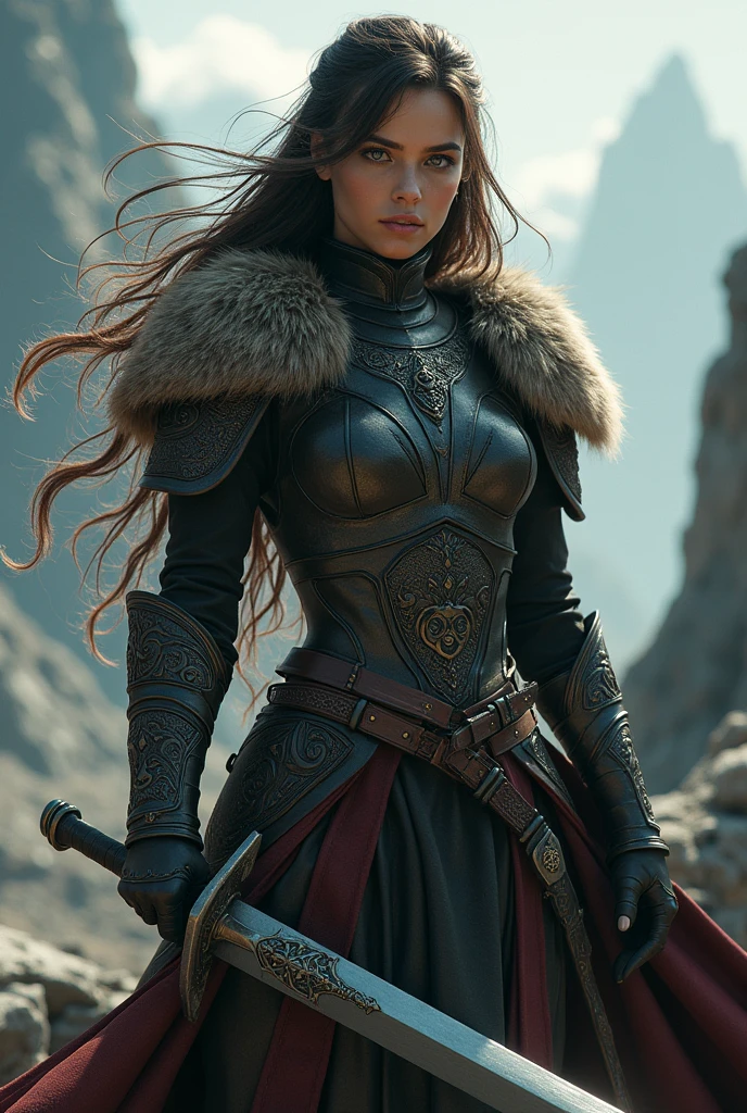 A fierce warrior girl, intricate fur armor, detailed face and eyes, long flowing hair, fierce expression, holding a large sword, dramatic lighting, fantasy landscape, cinematic composition, epic fantasy, highly detailed, photorealistic, 8k